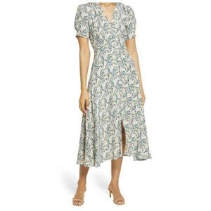 Floret Studios Multi Floral Midi 90s Teal Dress Buttons Large